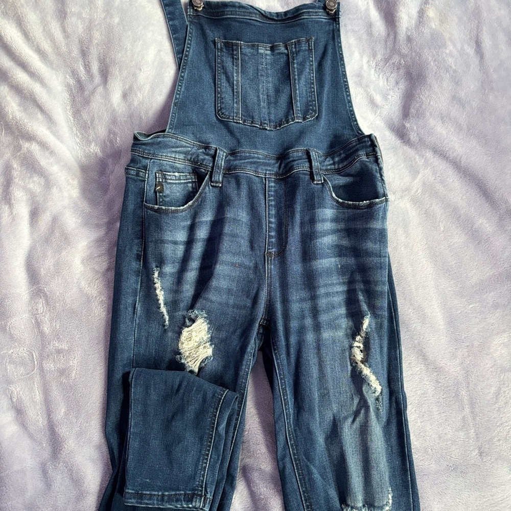 KanCan Blue Distressed Denim Overalls